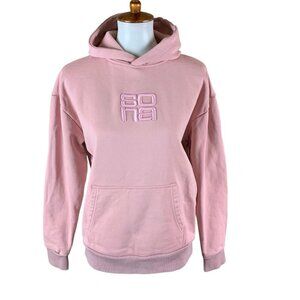 Sona Pink Embroidered Logo Hoodie Small Y2K Streetwear Cozy Pullover Casual